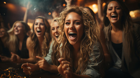 Group of Beautiful woman friends sitting on sofa watching soccer game competition on television together. Happy female soccer fans cheering victory.の素材