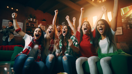 Group of Beautiful woman friends sitting on sofa watching soccer game competition on television together. Happy female soccer fans cheering victory.の素材