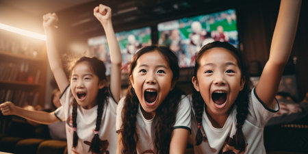Group of Beautiful Asian woman friends sitting on sofa watching soccer game competition on television together. Happy female soccer fans cheering victory.の素材