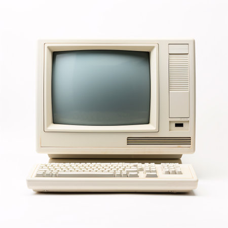 Close up of old computer monitor isolated on white background. Retro wave old personal computer PC. Nostalgia concept.の素材
