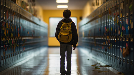 A schoolboy, with his backpack slung over one shoulder, walks down a brightly lit school hallway, the sound of echoing footsteps filling the air.の素材