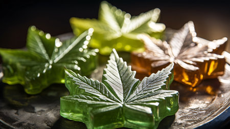 Cannabis shape edibles, medical marijuana, CBD CBG infused gummies and edible pot concept theme with close up on dark background with copy space.の素材