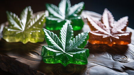 Cannabis shape edibles, medical marijuana, CBD CBG infused gummies and edible pot concept theme with close up on dark background with copy space.の素材
