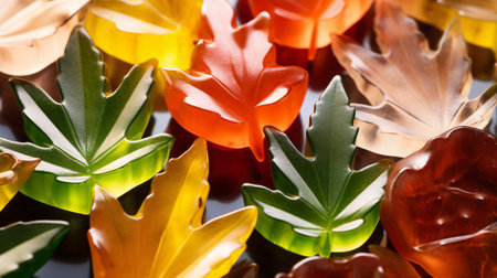 Cannabis shape edibles, medical marijuana, CBD CBG infused gummies and edible pot concept theme with close up on dark background with copy space.の素材