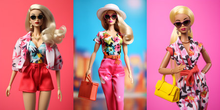 Plastic Doll Woman Shopping Outfit. Doll holding bag or clutch.の素材