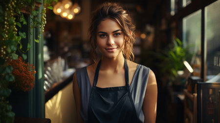 Portrait of happy woman standing at her store. Cheerful mature waitress waiting for clients at coffee shop. Successful small business ownerの素材