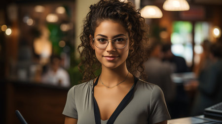 Portrait of happy woman standing at doorway of her store. Cheerful mature waitress waiting for clients at coffee shop. Successful small business ownerの素材