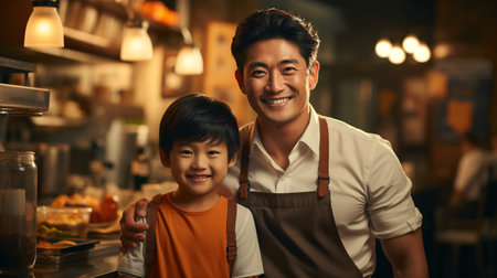 Portrait of asian young male cafe or restaurant owner with his sonの素材