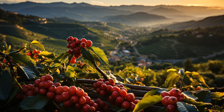 View of a Coffee plantation of Colombia or Brazil with coffee plants in the foreground. Close up view Coffee fruit.の素材
