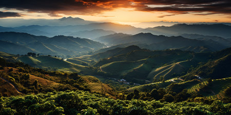 View of a Coffee plantation of Colombia or Brazil with coffee plants in the foreground.の素材
