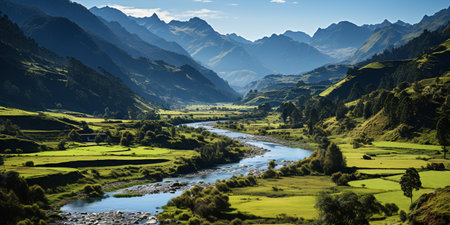 A panoramic view of the majestic Colombian Andes, with rugged mountain peaks reaching towards the sky.の素材