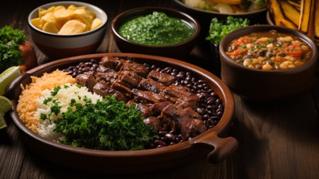 Brazilian Feijoada Food. Top view, South American cuisine. Food design. Ingredients and bowl.の素材