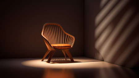 Striking 3D rendering: Sleek, modern chair with captivating lighting and shadowsの素材