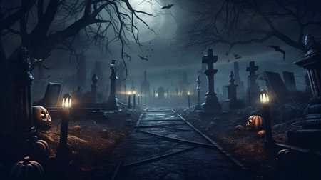 Glowing pathway through a foggy graveyard adorned with spooky tombstones. Halloween flyers and posters backdrop.の素材