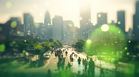 Blurred bright day in the city. Green colors. Motion of the city. Background with bokeh and summer vibe.の素材