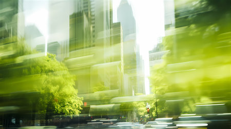 Blurred bright day in the city. Green colors. Motion of the city. Background with bokeh and summer vibe.の素材