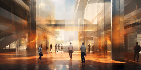 Blurred silhouette of office workers employees in a business building. Motion in business concept.の素材