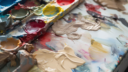 Capture the essence of creativity with this close-up shot of an artist's paint palette, featuring a captivating mix of vibrant colors and textures.の素材