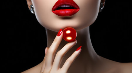 Glamorous woman applying vibrant red lipstick, ready to conquer the world!の素材