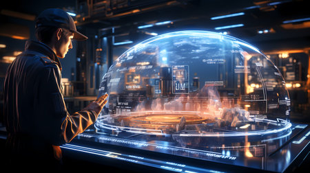 High-tech holographic interface with futuristic elements and ample copy space. Sci-fi themed designs.の素材