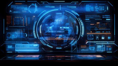 High-tech holographic interface with futuristic elements and ample copy space. Sci-fi themed designs.の素材