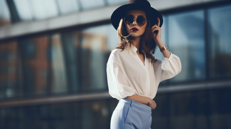 Stylish fashionista posing confidently in a trendy outfit, setting new style goals.の素材