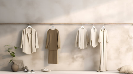 Grunge backdrop showcases clothes, while cream background hosts shelf. Array of neutral beige-hued garments adorns a rack. 3D rendering imbues store and bedroom vibes.の素材