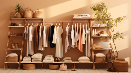 Grunge backdrop showcases clothes, while cream background hosts shelf. Array of neutral beige-hued garments adorns a rack. 3D rendering imbues store and bedroom vibes.の素材