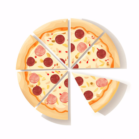 Classic pizza from pizzeria top view with cut slices isolated on a white background.の素材