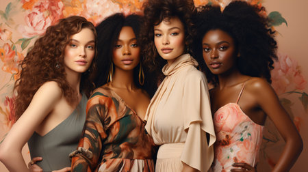 Diverse beauty: Varied ethnicities - Caucasian, African, Asian, and Indian women on a pastel backdrop.の素材