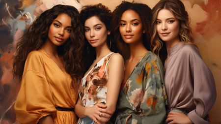 Diverse beauty: Varied ethnicities - Caucasian, African, Asian, and Indian women on a pastel backdrop.の素材