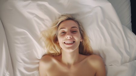 Top View Apartment: A Gorgeous Young Woman Wakes Up in Her Bed, Meets the New Day with a Radiant Smile as She Gazes Directly at the Camera.の素材