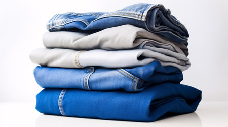 Stack of clothing jeans sweaters on a white background isolationの素材