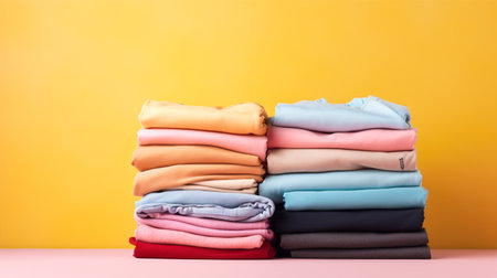 Stack of colorful clothes. Pile of clothing on table empty space background. Laundry and household.の素材