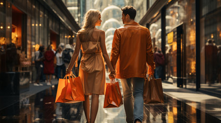Retail Therapy Bliss: A Couple's Midsection with Shopping Bags in the Cityの素材