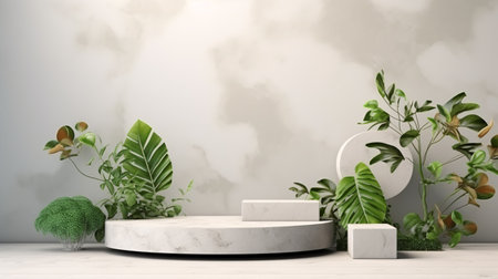 Green leaves and stone slabs product display, white podium and platforms, 3d renderingの素材