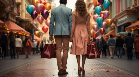 Shopping concept. Midsection of couple with shopping bags in cityの素材