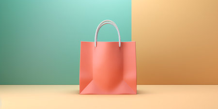 In this 3D render, a paper shopping bag takes center stage against a pastel backgroundの素材