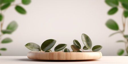 Wooden product display podium with blurred nature leaves on white background. 3D renderingの素材