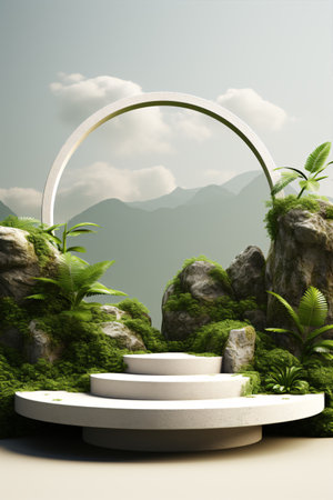 Green leaves and stone slabs product display, white podium and platforms, 3dの素材