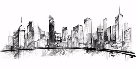 Cityscape Sketch, Sketch. Urban Architecture - Illustration on white background copy spaceの素材