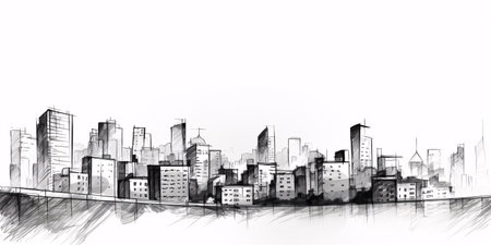 Cityscape Sketch, Sketch. Urban Architecture - Illustration on white background copy spaceの素材