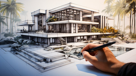 The skilled hand of an architect or designer painstakingly crafting a sketch of a villa, where dreams take shape and materialize.の素材