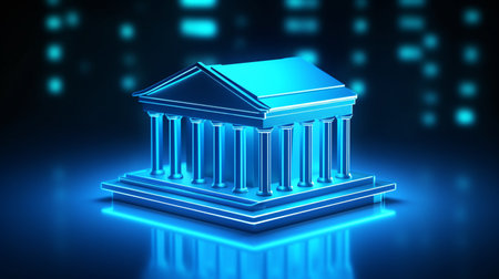 Blue digital bank glowing icon on blue tone background. Online banking app and transaction concept. 3D style.の素材