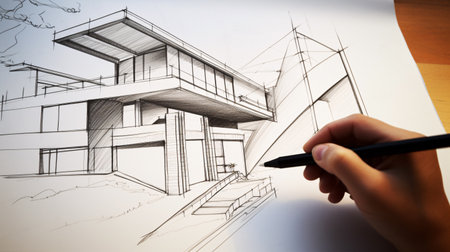 Hand of architector designer drafting a sketch design villa the building becoming realの素材