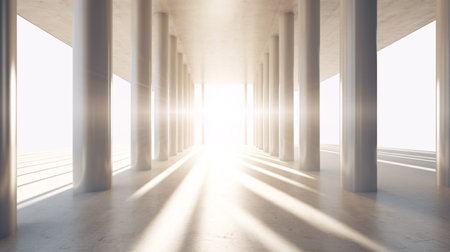 Sunlight shines through columns in a long and white corridor. Architecture modern geometric concrete structureの素材