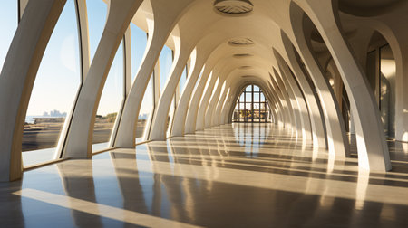 Within the confines of a modern, geometric concrete masterpiece, sunlight gracefully pierces the columns of a lengthy, white passageway.の素材