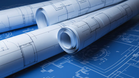 Paper rolls of architectural drawings and blueprint backgroundの素材
