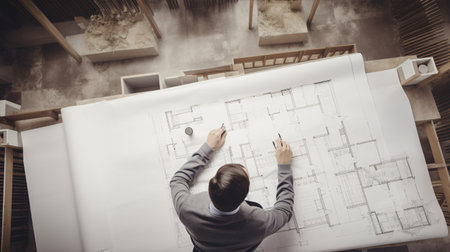 Top view of architect drawing on architectural project.の素材