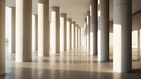 Sunlight shines through columns in a long and white corridor. Architecture modern geometric concrete structureの素材